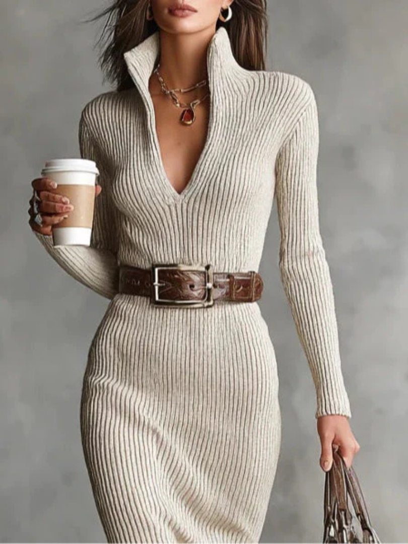 Ammina | Belted Ribbed Knit Dress