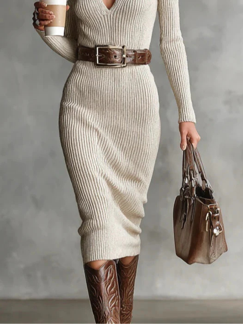 Ammina | Belted Ribbed Knit Dress