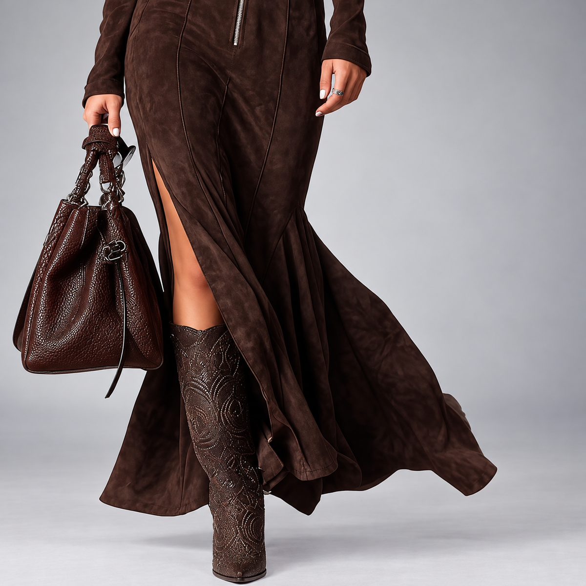 Mariel | Belted Suede-Look Maxi Dress