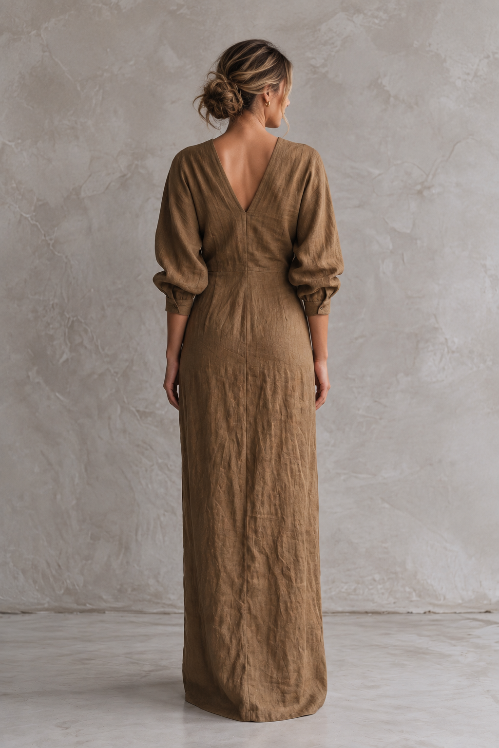Linen Blend V-Neck Maxi Dress in Pink, Brown and Black