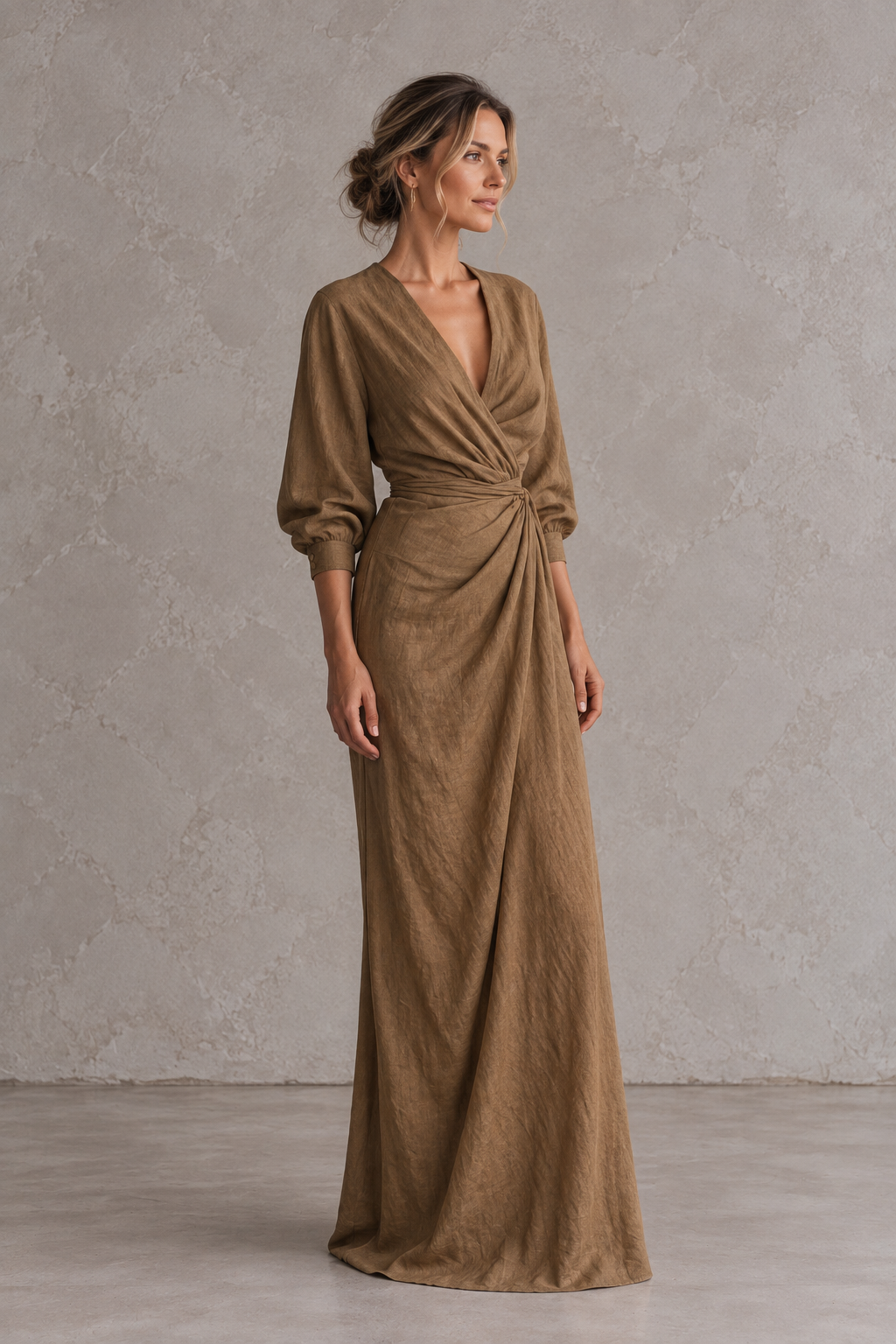 Linen Blend V-Neck Maxi Dress in Pink, Brown and Black