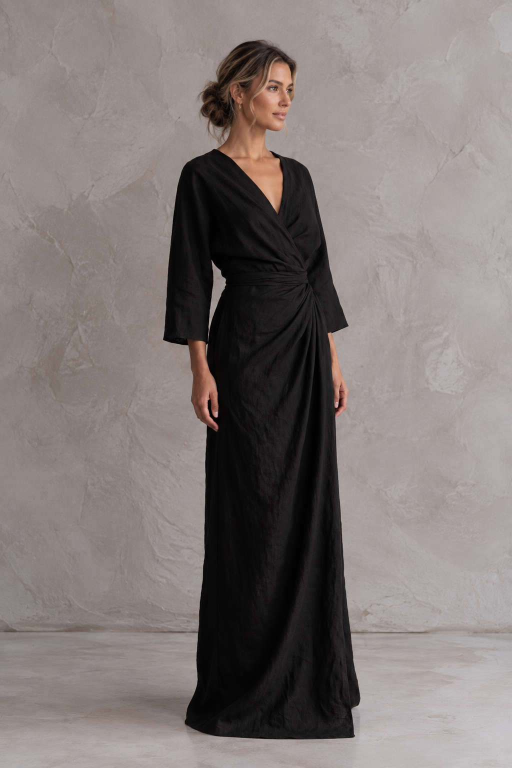Linen Blend V-Neck Maxi Dress in Pink, Brown and Black