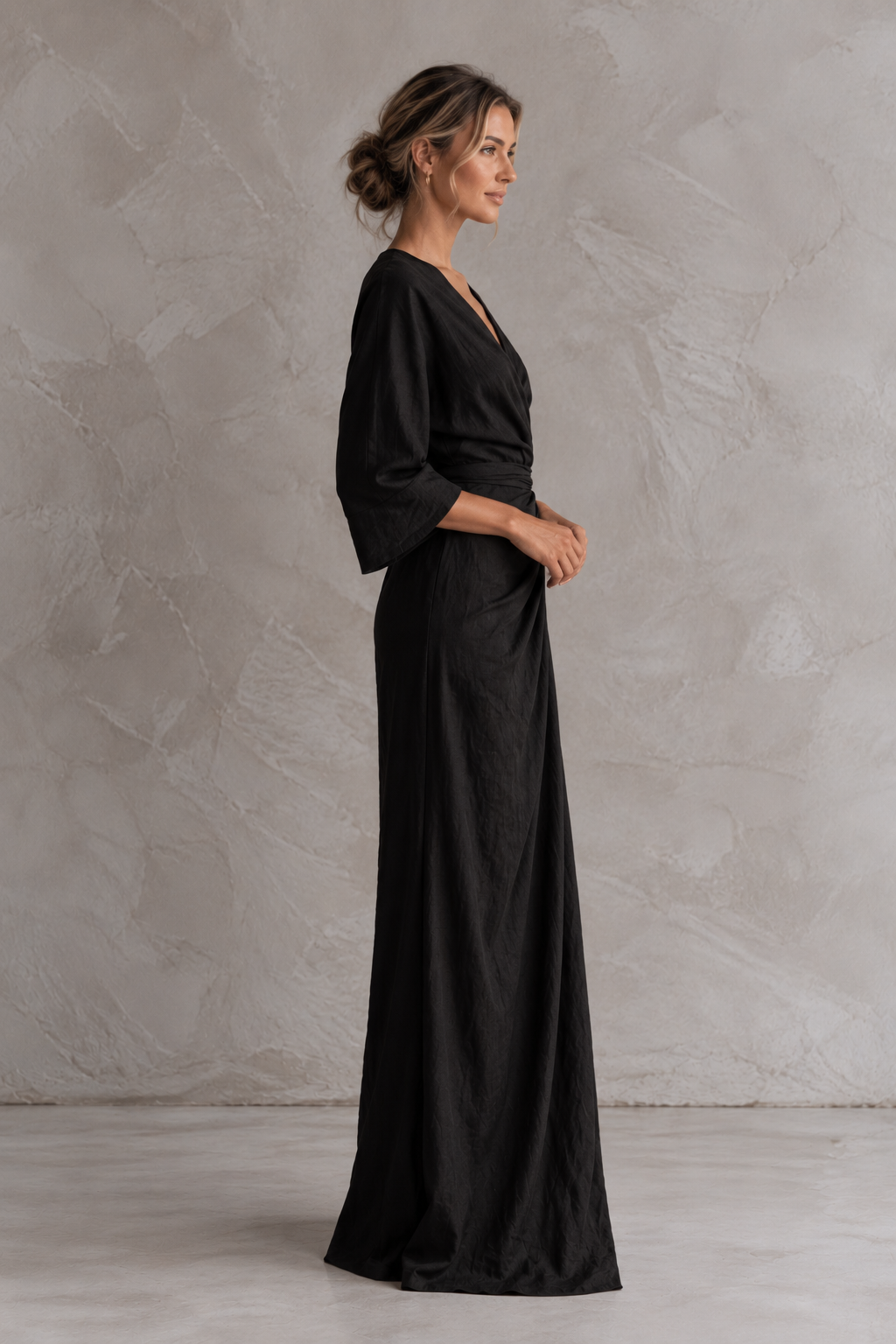Linen Blend V-Neck Maxi Dress in Pink, Brown and Black