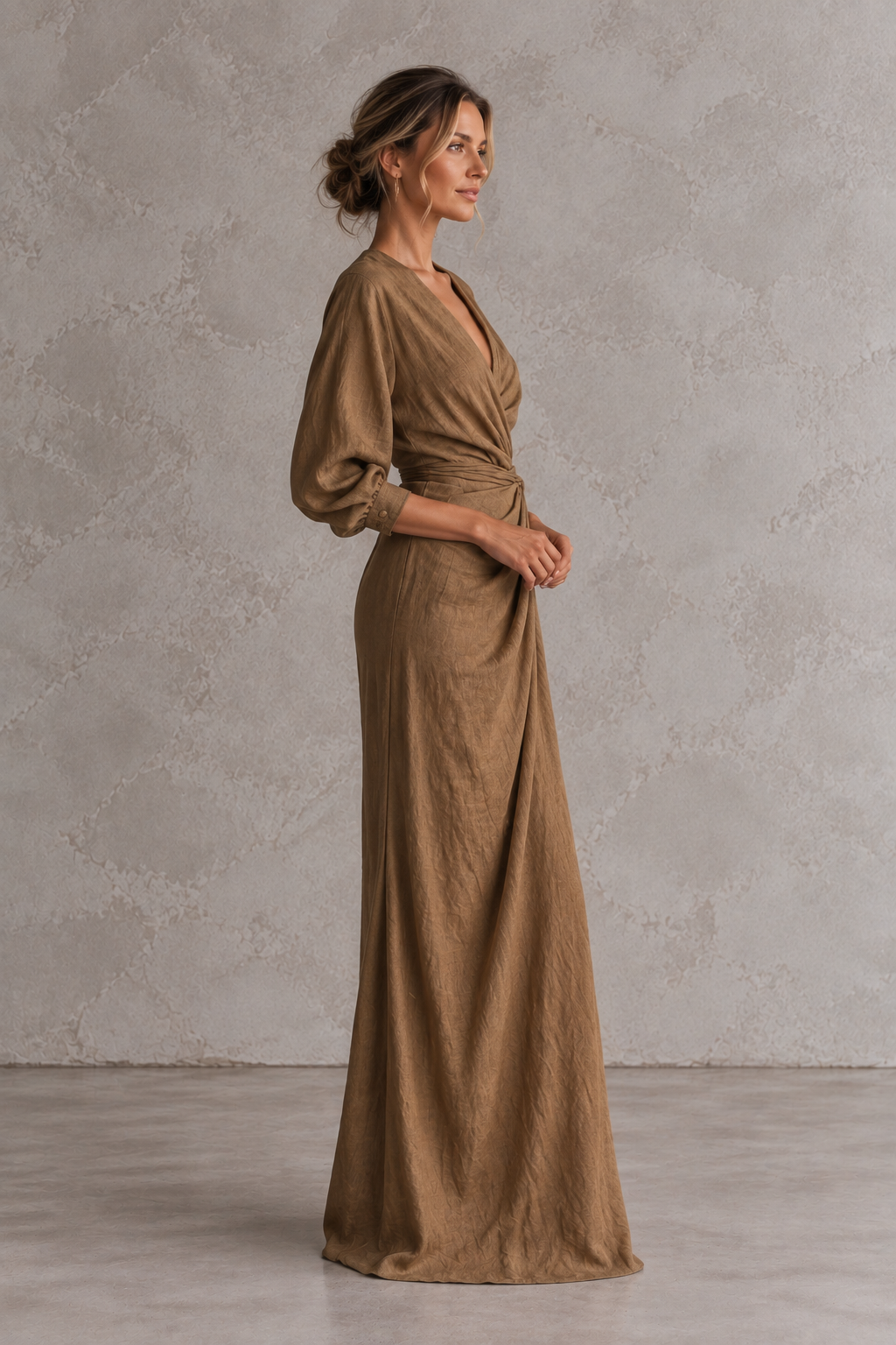 Linen Blend V-Neck Maxi Dress in Pink, Brown and Black