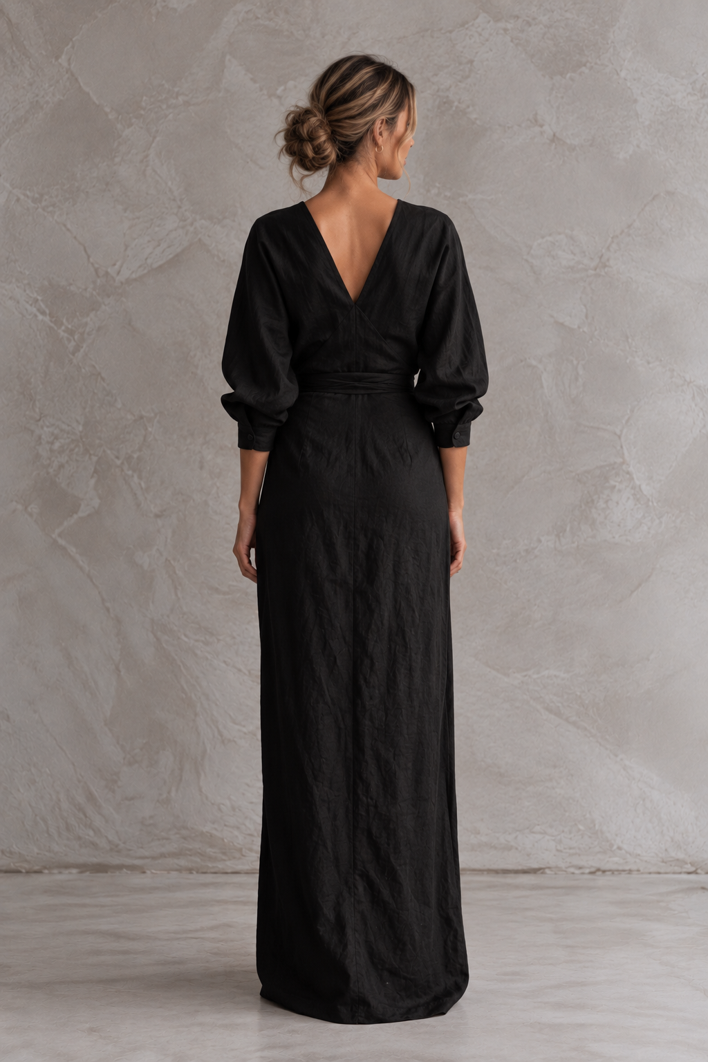 Linen Blend V-Neck Maxi Dress in Pink, Brown and Black