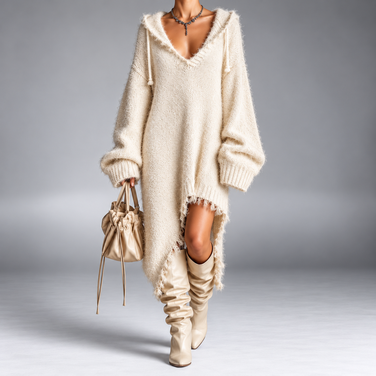 Wren | Fuzzy Knit Hooded Midi Dress