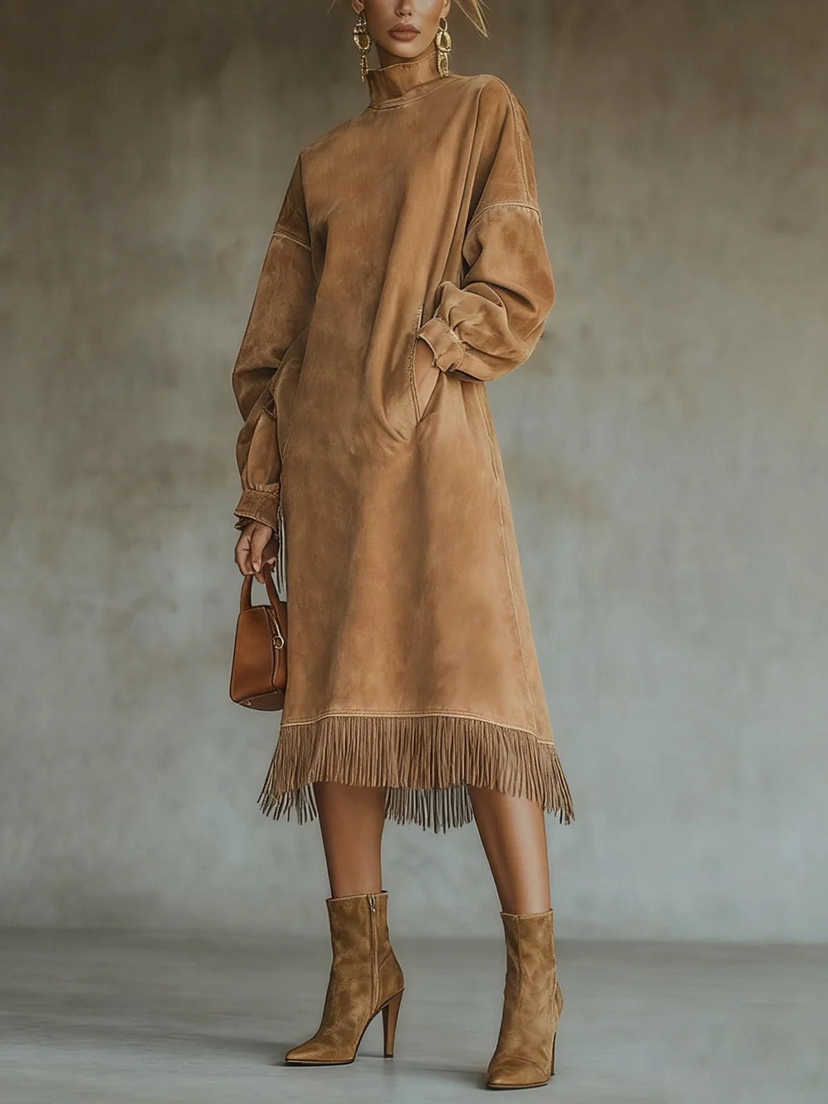 Emmaline | Suede-Look Fringe Puff-Sleeve Midi Dress