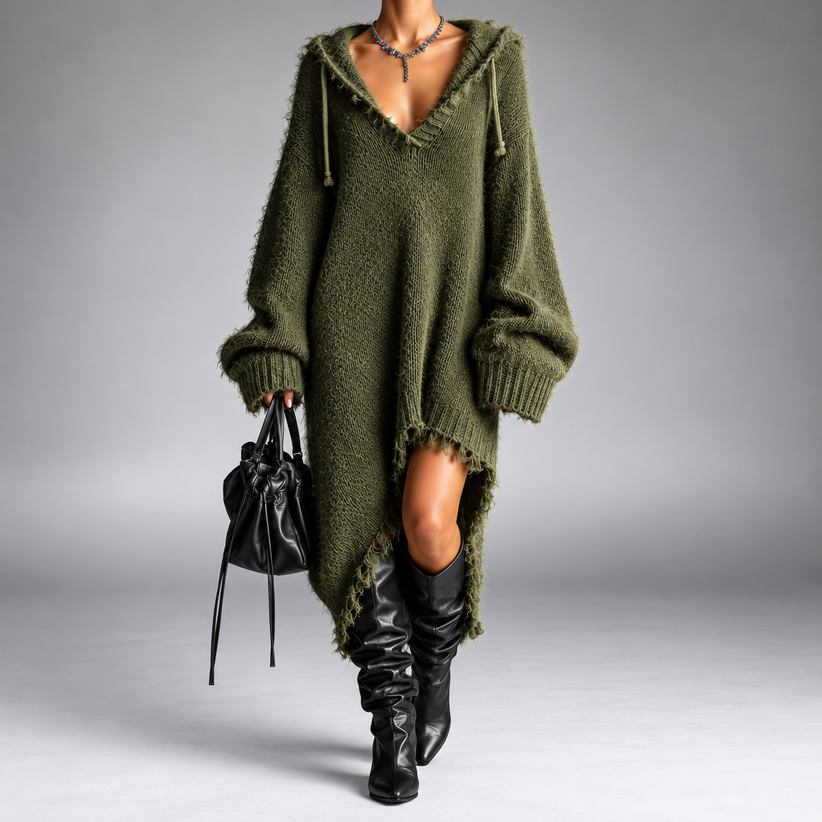 Wren | Fuzzy Knit Hooded Midi Dress