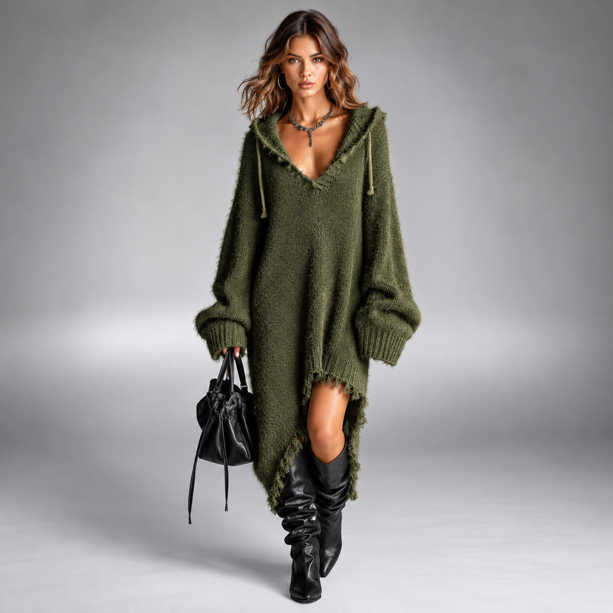 Wren | Fuzzy Knit Hooded Midi Dress