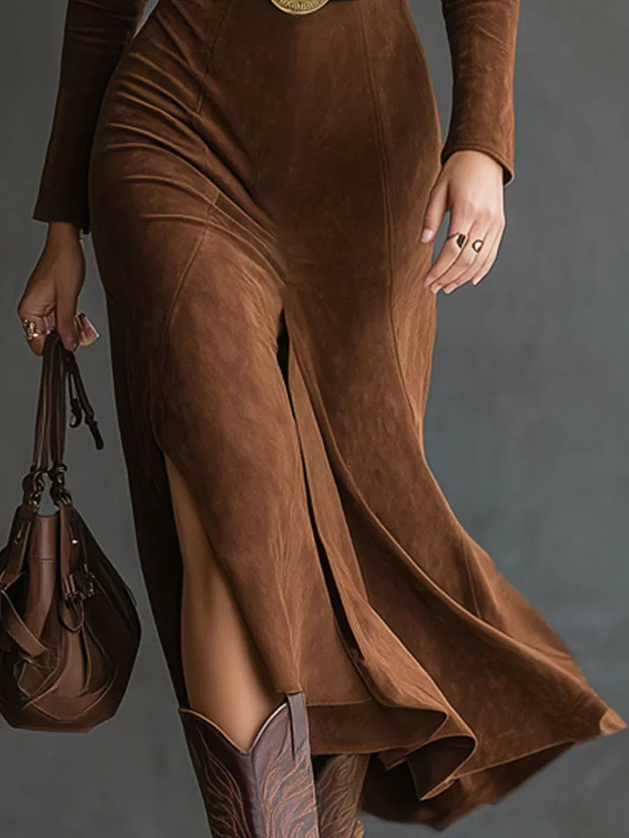 Eudora | Western Collar Faux Suede Midi Dress