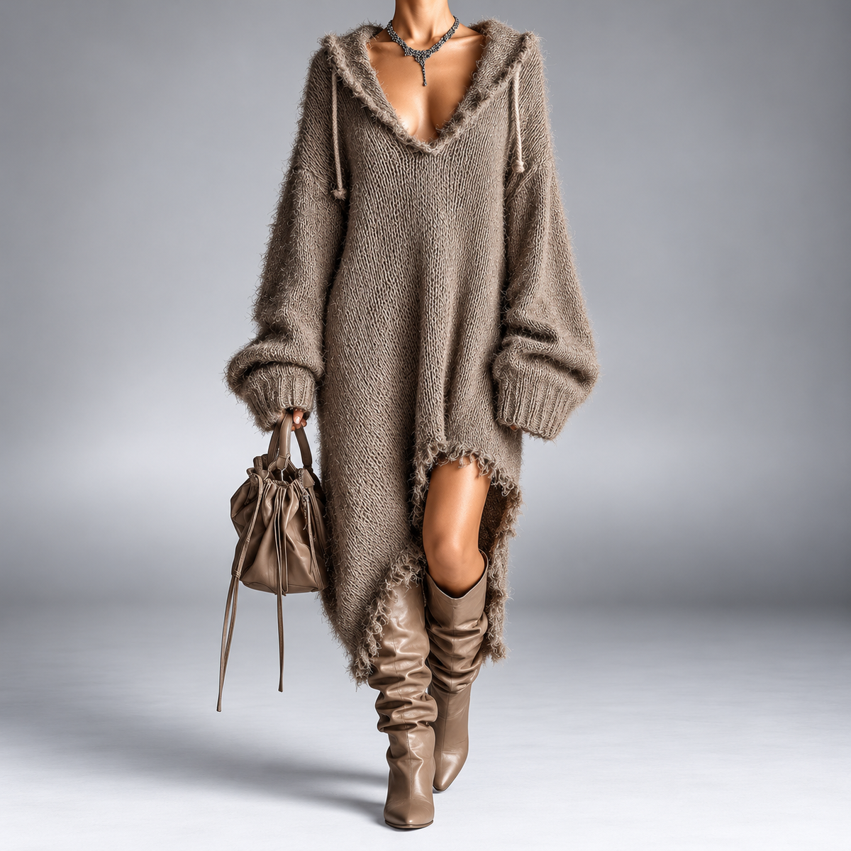 Wren | Fuzzy Knit Hooded Midi Dress