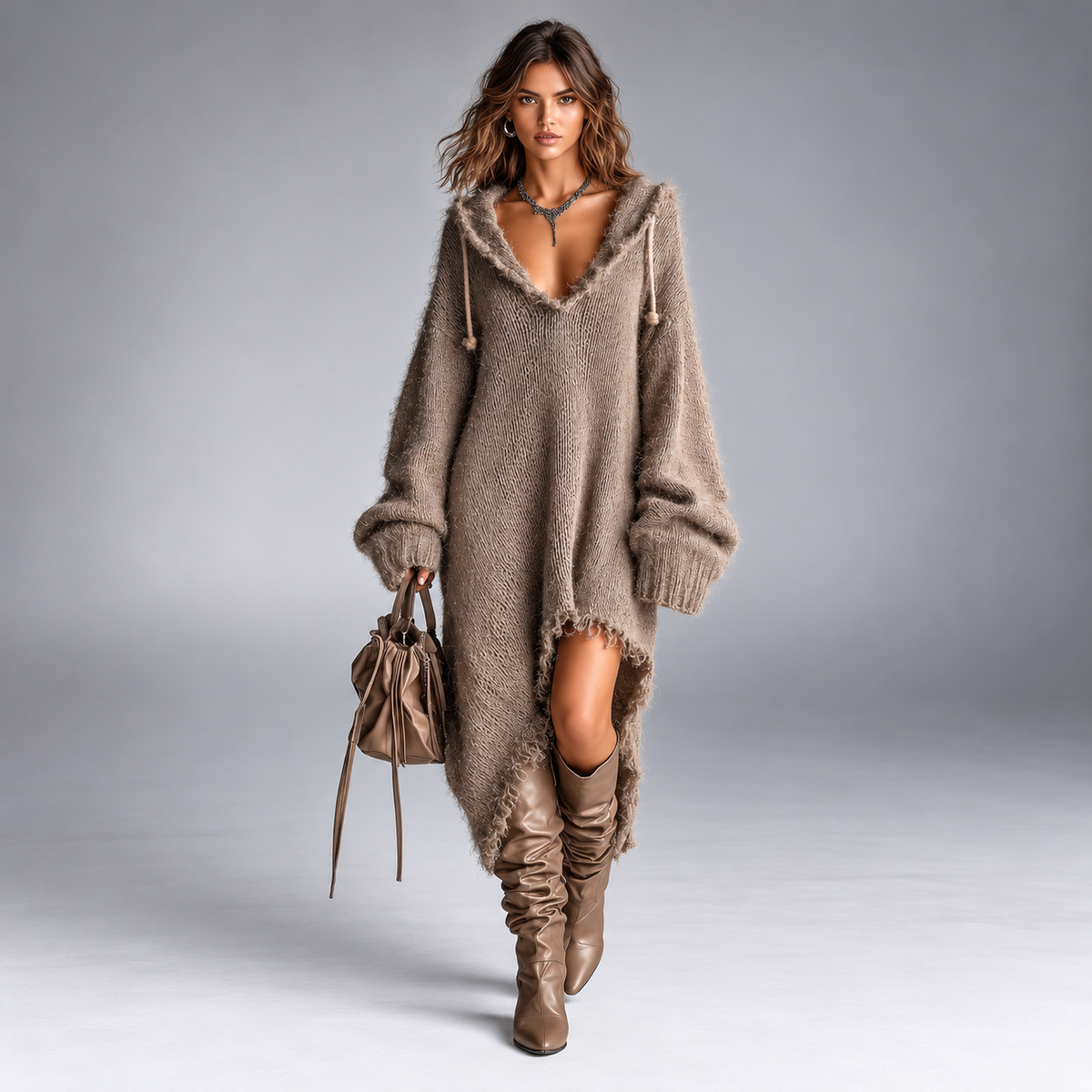Wren | Fuzzy Knit Hooded Midi Dress