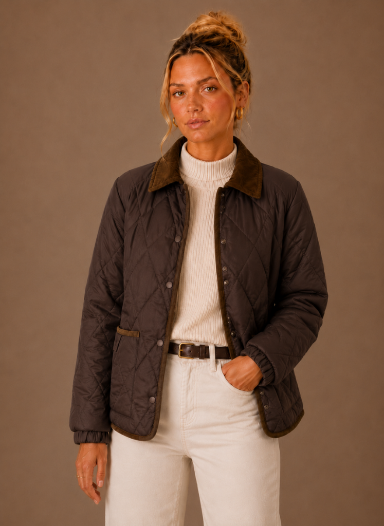 Women's Quilted Puffer Jacket with Corduroy Collar