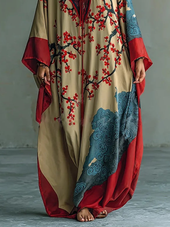 Emelda | Plum Blossom Print Batwing-Sleeve Maxi Dress