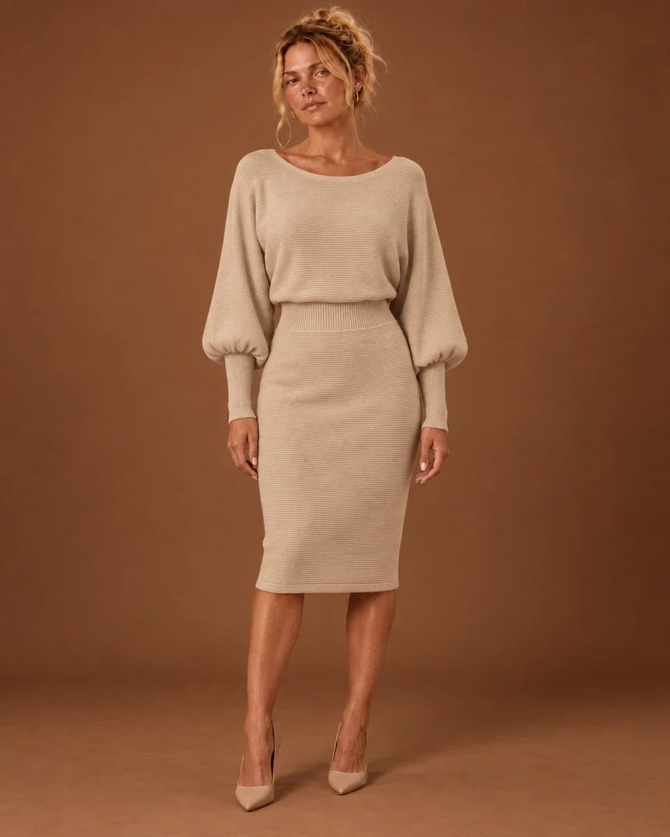 Elodie Midi Dress for Women - Scoop Neck Batwing Sleeve Fitted Sweater Dress - Beige