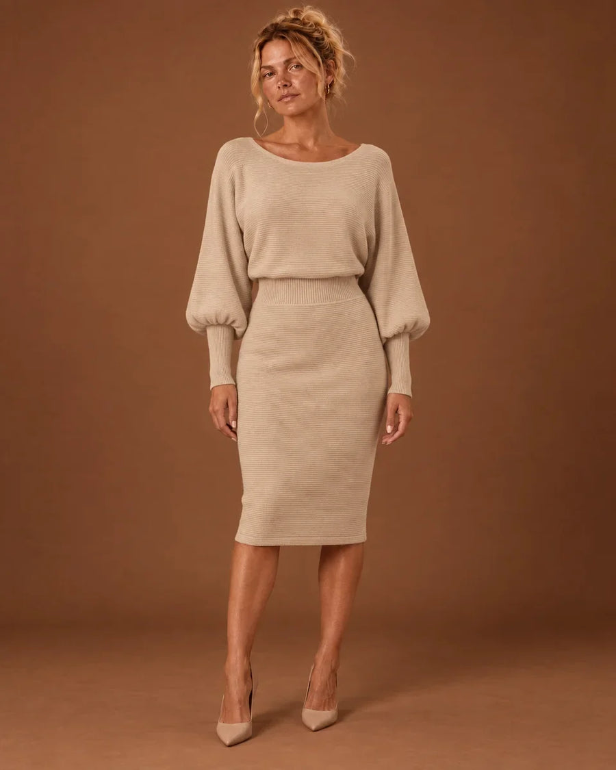 Elodie Midi Dress for Women - Scoop Neck Batwing Sleeve Fitted Sweater Dress - Beige