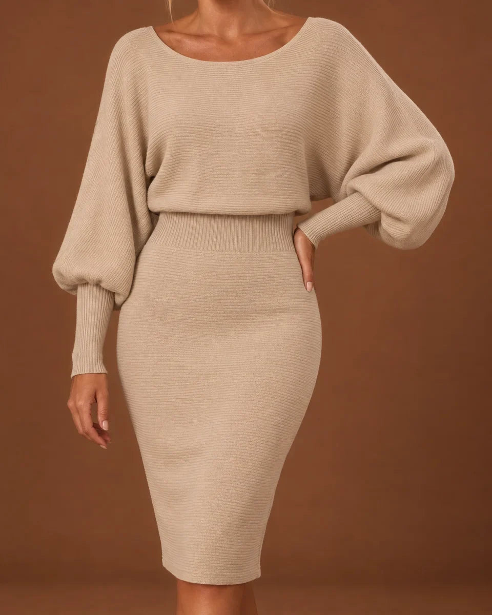 Elodie Midi Dress for Women - Scoop Neck Batwing Sleeve Fitted Sweater Dress - Beige