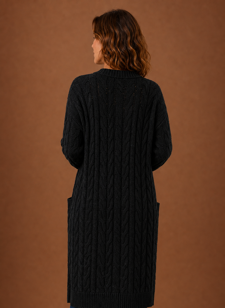 Cable Knit Cardigan- Hooded Long