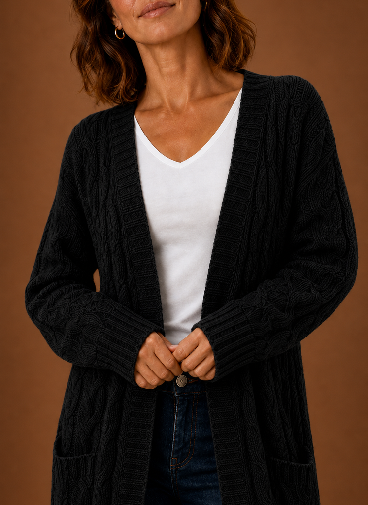 Cable Knit Cardigan- Hooded Long