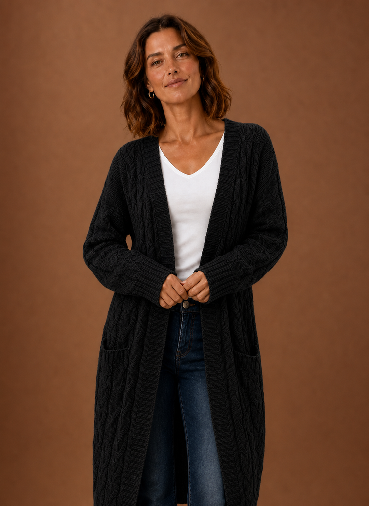Cable Knit Cardigan- Hooded Long