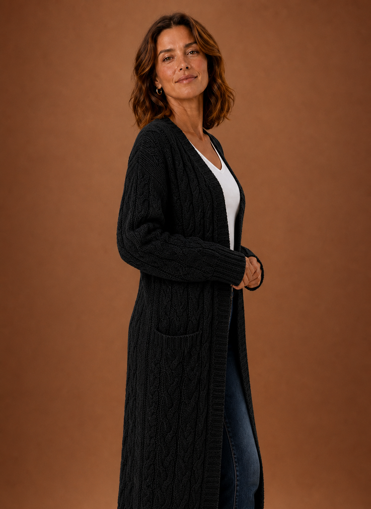 Cable Knit Cardigan- Hooded Long