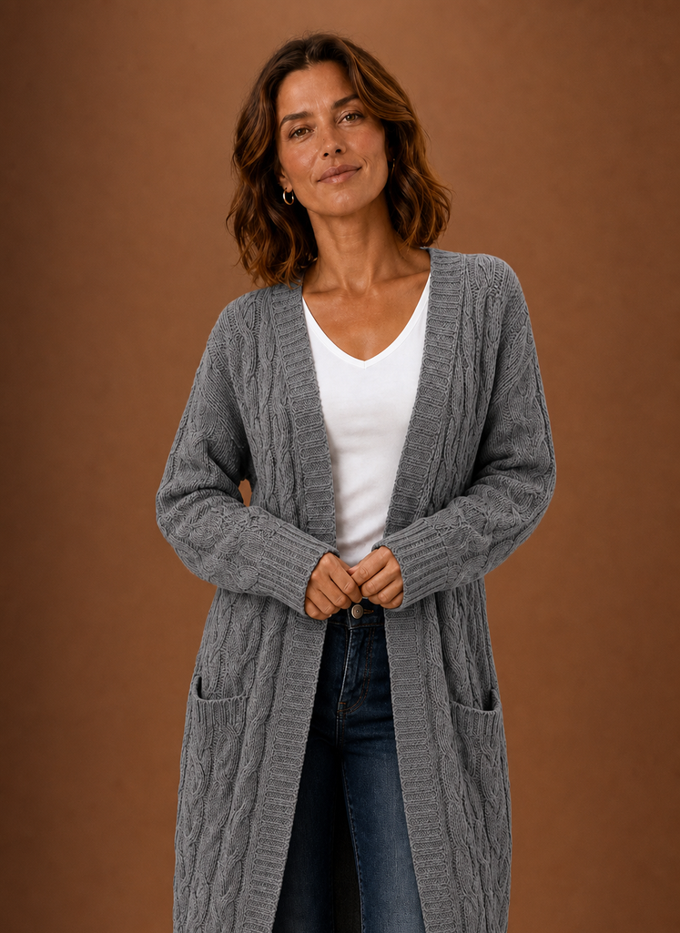 Cable Knit Cardigan- Hooded Long