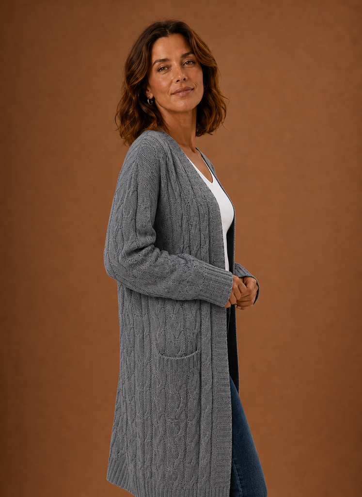 Cable Knit Cardigan- Hooded Long