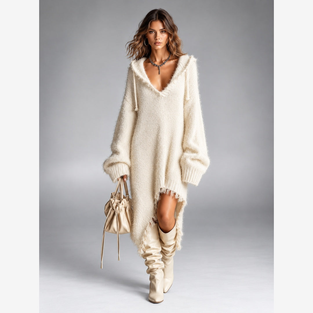 Wren | Fuzzy Knit Hooded Midi Dress