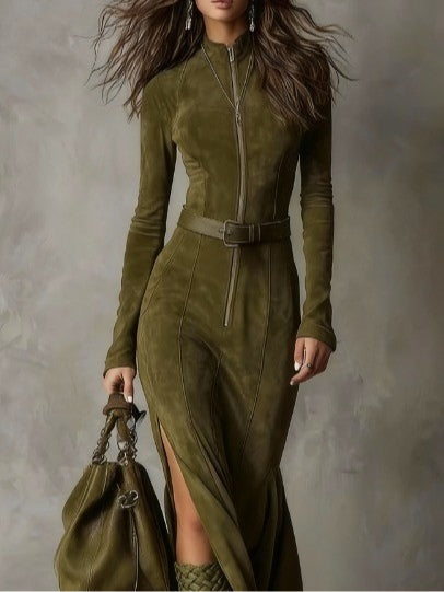 Dionne | Suede-Look Zip-Front Belted Maxi Dress