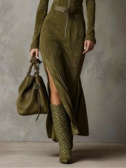 Dionne | Suede-Look Zip-Front Belted Maxi Dress