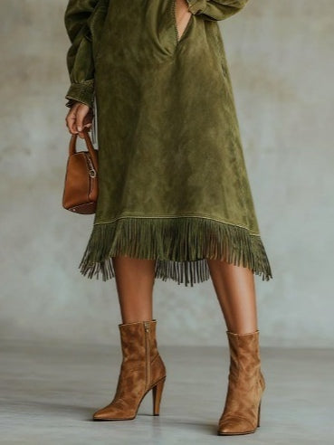 Emmaline | Suede-Look Fringe Puff-Sleeve Midi Dress