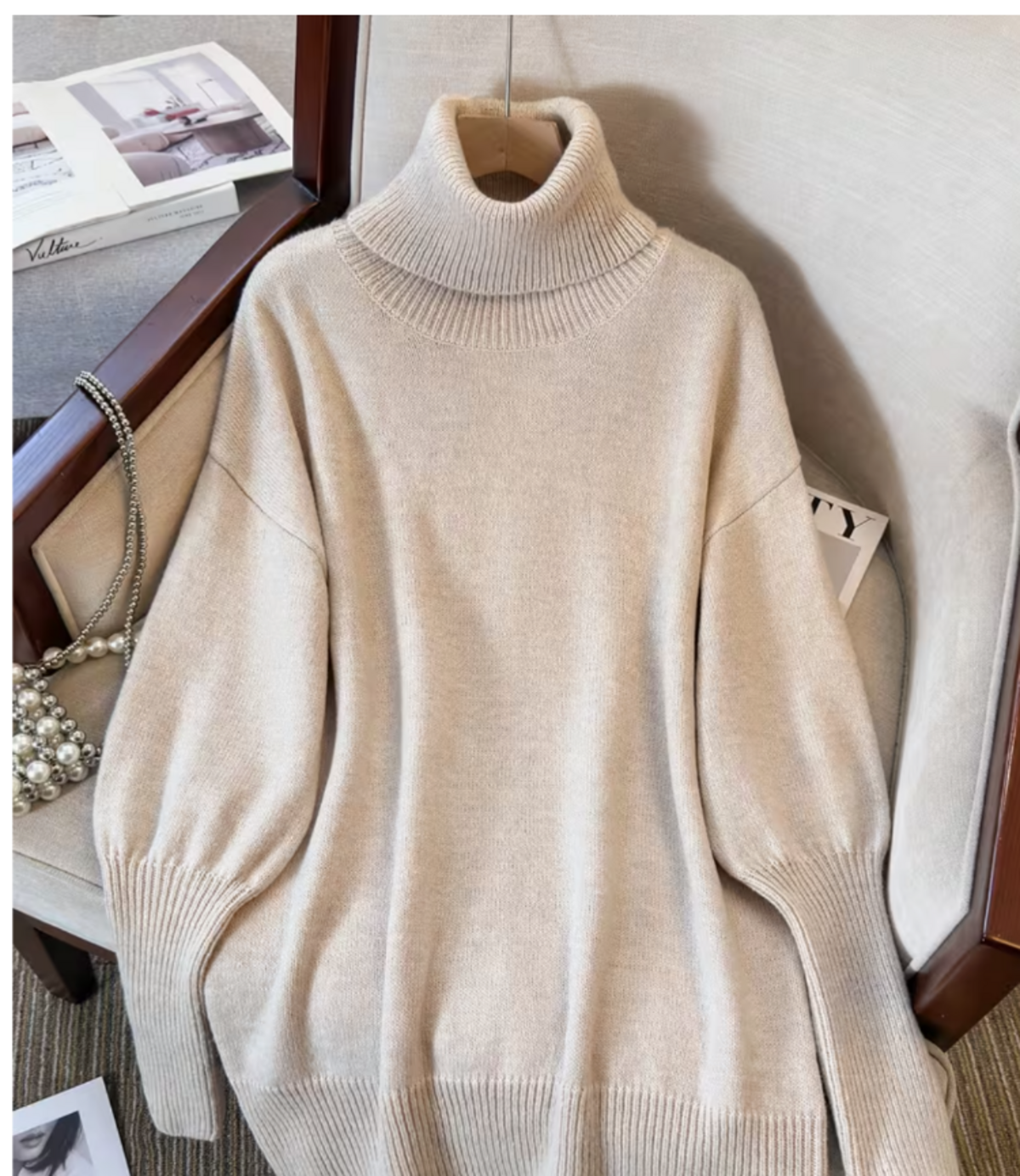 Marielle high-neck batwing sweater in apricot