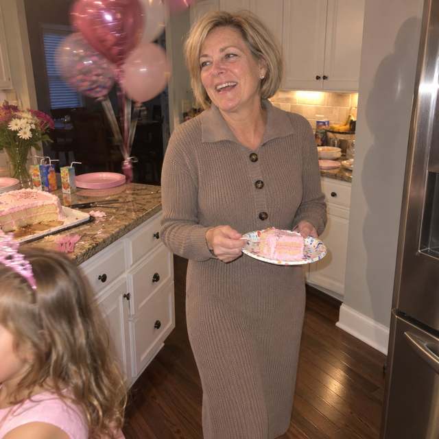Nancy in the Elyon dress at her granddaughter's birthday