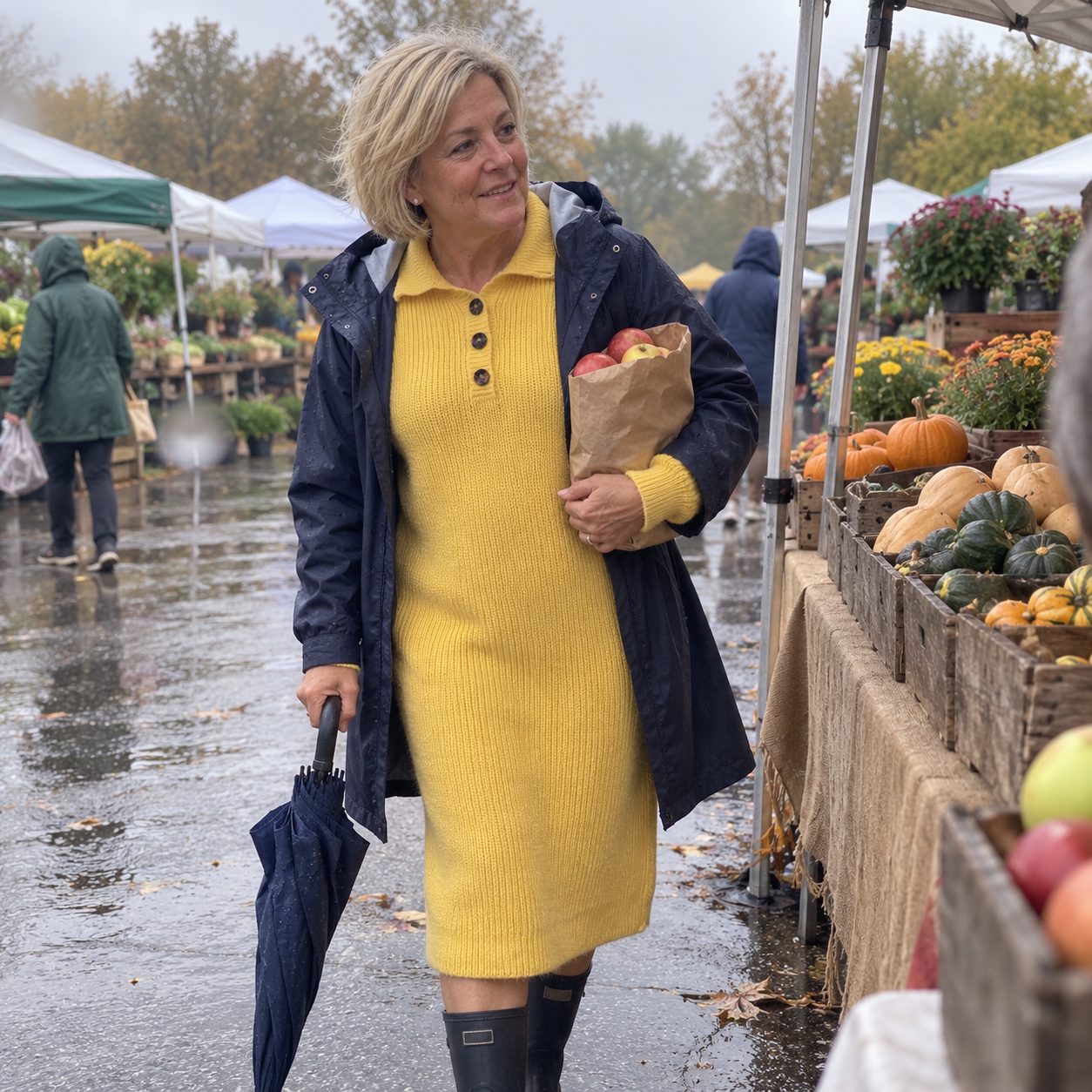Nancy in the yellow Elyon dress and a rain jacket at a farmers market