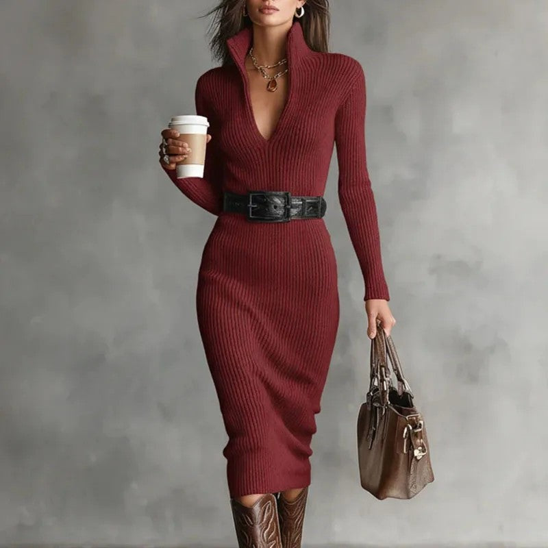 Rivani Ribbed Knit Collared Midi Dress