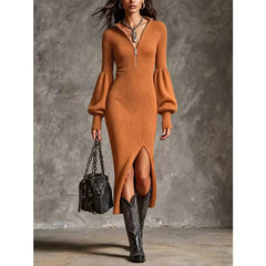 Ochre ribbed quarter-zip sweater dress