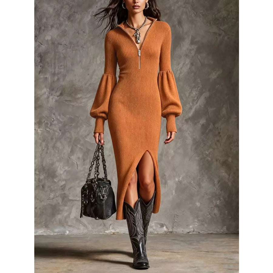 Ochre ribbed quarter-zip sweater dress