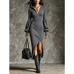 Gray ribbed quarter-zip sweater dress