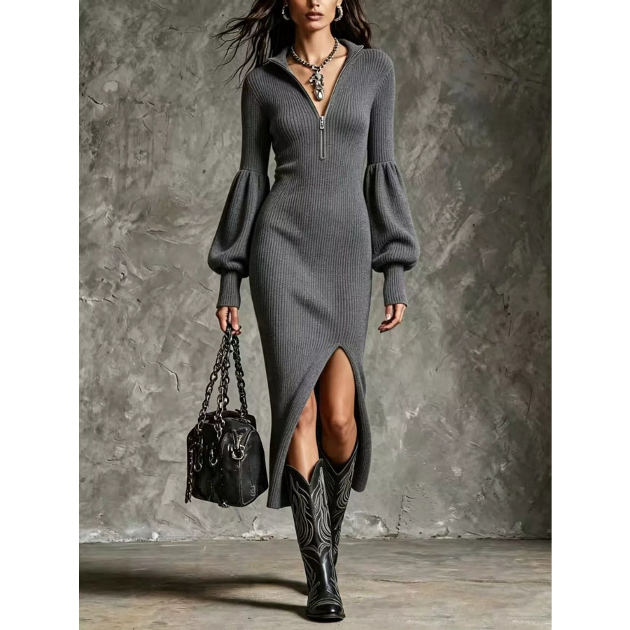Gray ribbed quarter-zip sweater dress
