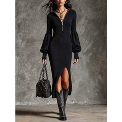 Black ribbed quarter-zip sweater dress
