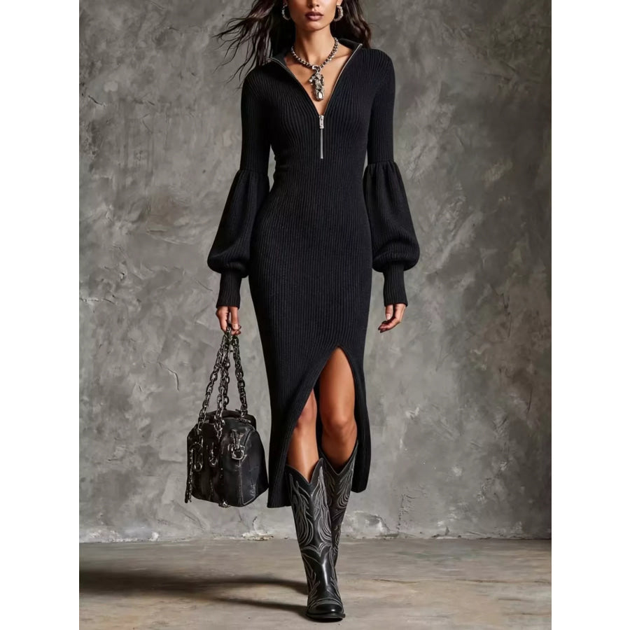 Black ribbed quarter-zip sweater dress