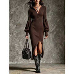 Brown ribbed quarter-zip sweater dress