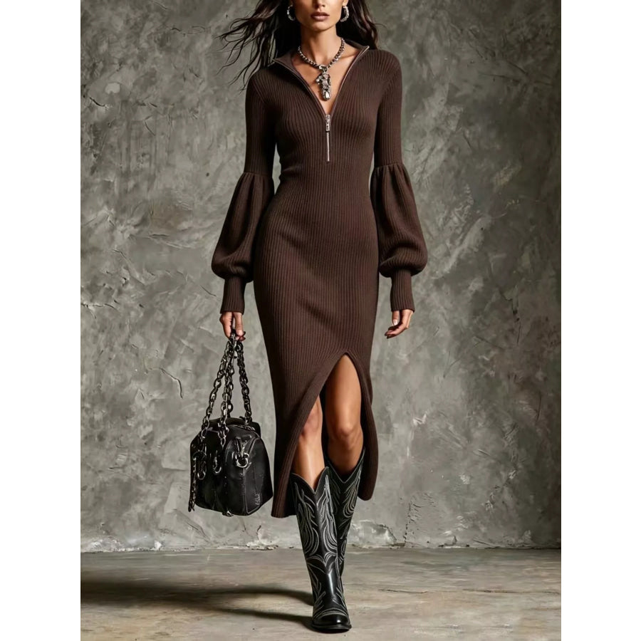 Brown ribbed quarter-zip sweater dress