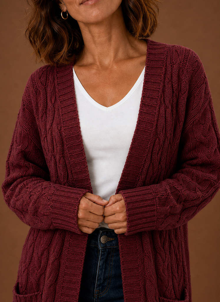 Cable Knit Cardigan- Hooded Long