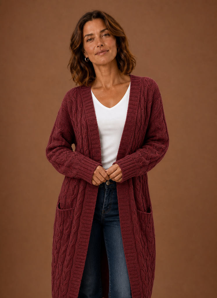 Cable Knit Cardigan- Hooded Long
