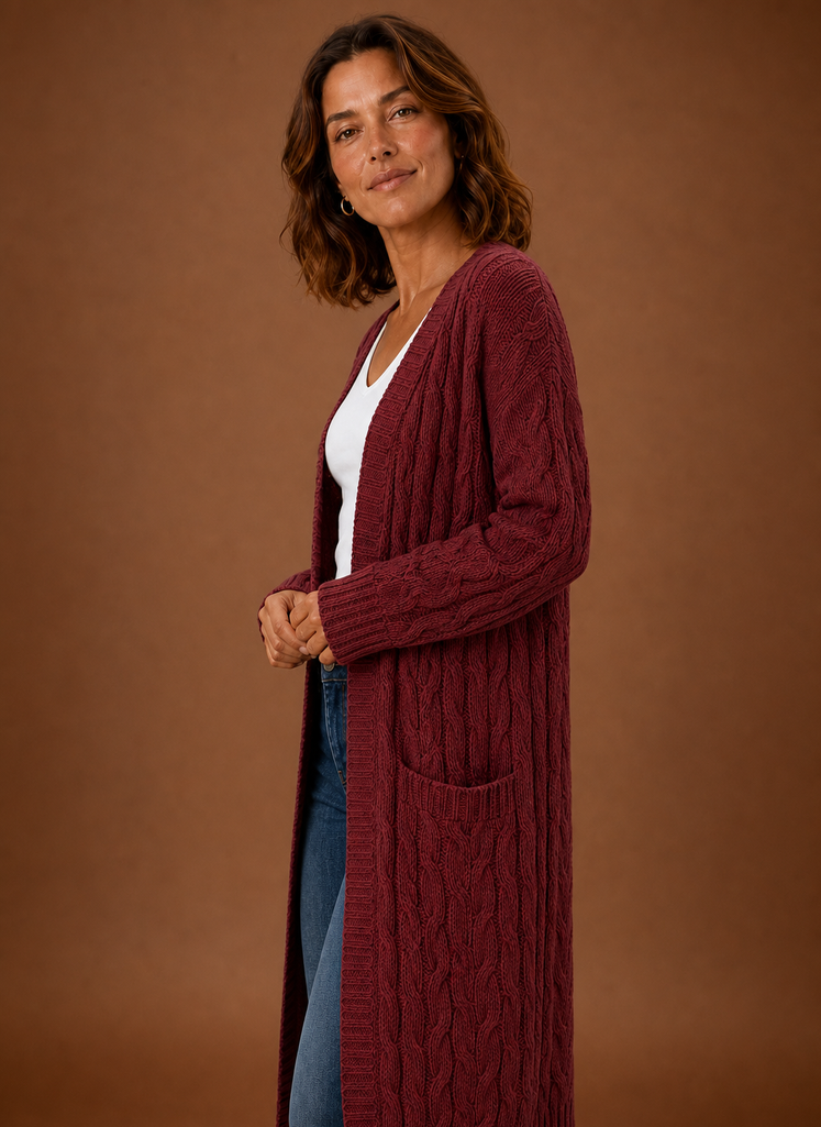 Cable Knit Cardigan- Hooded Long